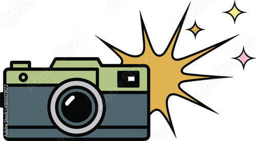 Retro style camera with bright flash burst, photography, capturing memories, media content creation, isolated vector illustration