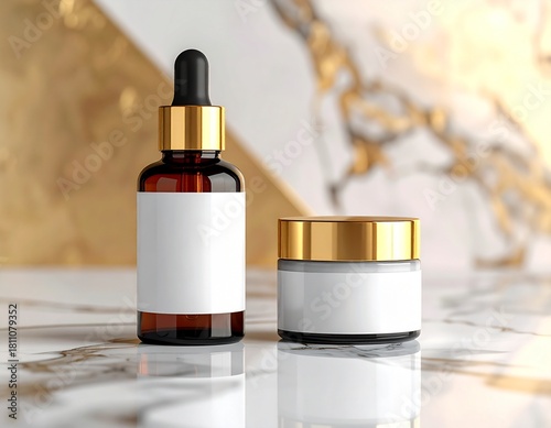 White–gold cosmetic mockup featuring a cream pot and serum bottle, showcasing elegant minimalist design and luxurious branding suitable for skincare product presentations