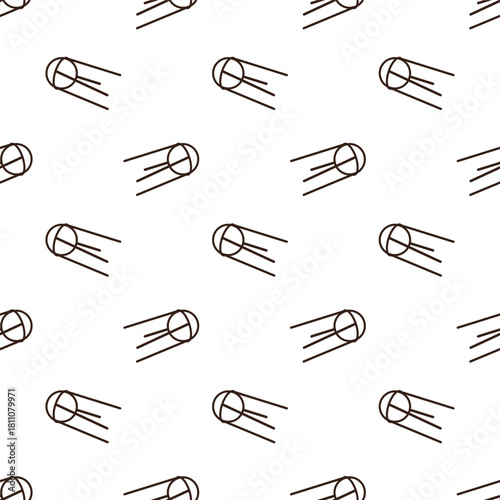 line art pattern of a satellite, resembling Sputnik. It has a light grey spherical body with a dark outline, and three dark brown, thin antennae or rods extending from one side, suggesting motion