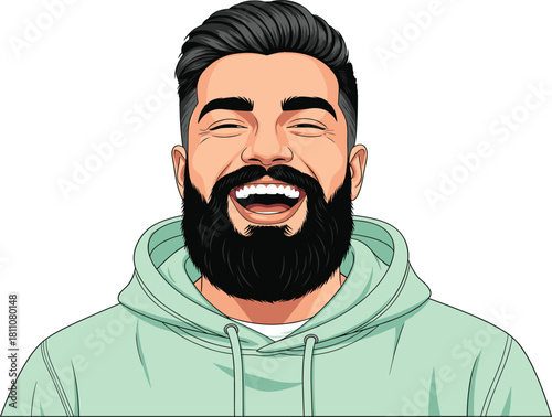Happy bearded man wearing mint hoodie laughing out loud, genuine joy, candid emotion, isolated vector cartoon portrait