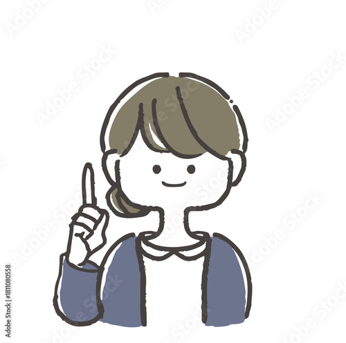 カーディガンを着た若い女性が指差し案内するイラスト