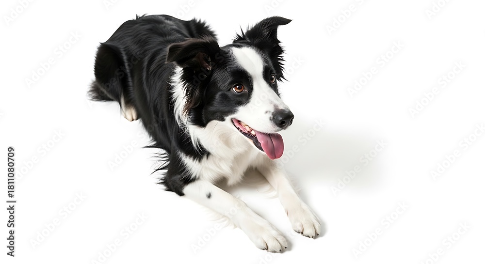 Fototapeta premium Energetic border collie dog in mid action pose with tongue out on white background