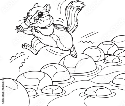Chipmunk hopping across river stones art