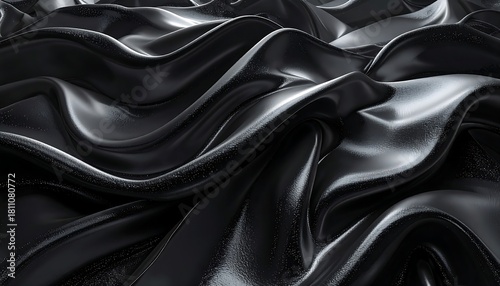Close-up of undulating, lustrous black fabric, showcasing fluid folds and highlights. Elegant and smooth. Evokes a sense of luxury