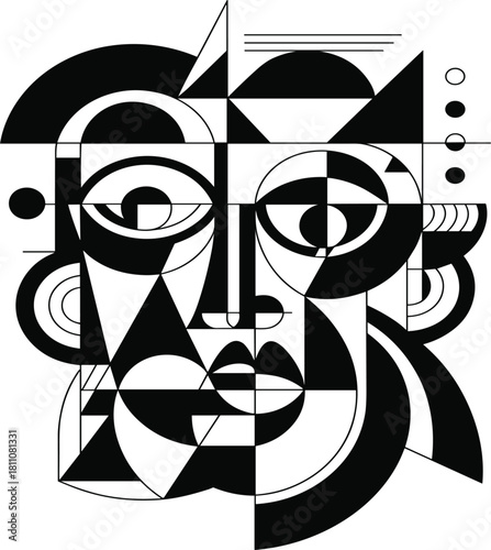 Abstract geometric face in Cubist style, modern black and white minimal artistic portrait, identity, isolated vector illustration