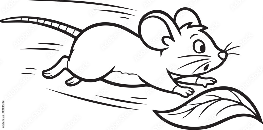 Obraz premium Cartoon mouse running with a leaf outline