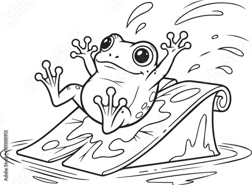 Cartoon frog on a leaf in black outline