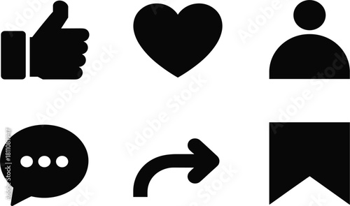 Social media interaction icons set, like, heart, comment, share, save, profile, engagement, isolated black silhouette vector