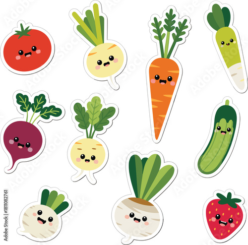 Cute kawaii cartoon vegetable and fruit stickers set, cheerful healthy food illustration, isolated flat vector collection