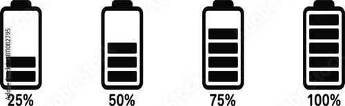 Battery charge level icons set, four power status indicators 25% to 100%, energy technology, isolated vector illustration