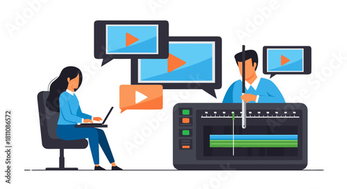 Dynamic video editing workflow featuring collaborative team and intuitive timeline interface, showcasing modern digital media creation and post production process