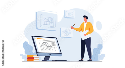 Innovative architect reviewing home blueprints on computer, perfecting design for modern living, a vision of creative construction and stylish architecture