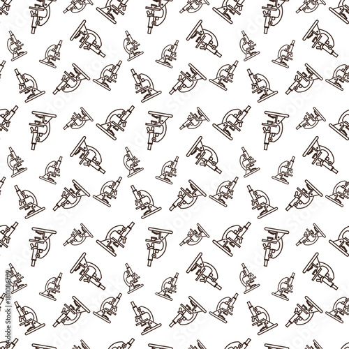 line art of microscope with a light gray body, a cream-colored base and main tube, and dark brown accents for the stage, objective lenses, and adjustment knobs, all outlined in dark brown