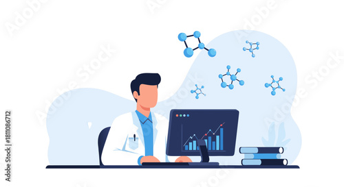Scientist analyzing data on computer with molecule models, perfect for biotech innovation, medical research, and pharmaceutical breakthroughs, science vector