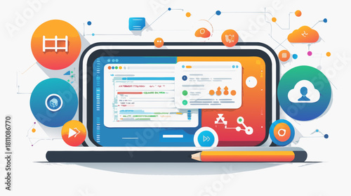 Modern technology interface with innovative app development and cloud data management for digital transformation, originally a scalable vector graphic