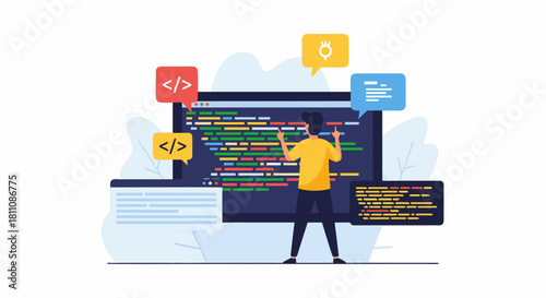 Software developer coding with passion, navigating complex code, innovating digital solutions, and building future tech with expertise and focus, vector