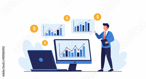 Modern financial analyst presenting growth charts and investment opportunities, illustrating economic success with data visualizations and dollar symbols