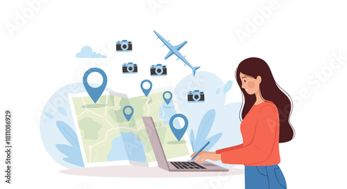 Plan your perfect getaway with a female travel blogger using a laptop, map, and camera icons for an unforgettable trip experience