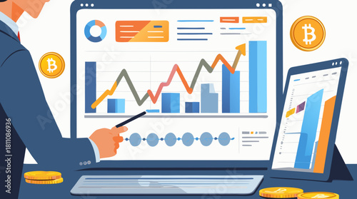 Financial analyst presenting Bitcoin investment strategy with charts, graphs, and market analysis on modern displays for strategic crypto investments