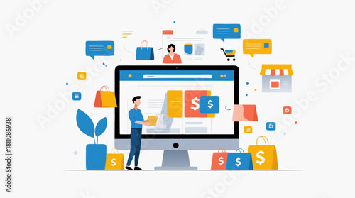 Modern online shopping concept showcasing product browsing, secure checkout, and customer service for a seamless ecommerce experience, originally a vector graphic