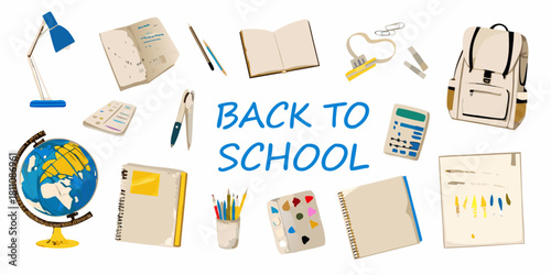 Back to school illustration with supplies and text on white background