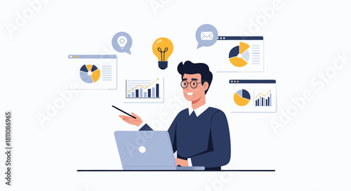 Engaging business presentation with charts and data analytics, innovative modern solutions for financial growth, idea generation, a bright future ahead