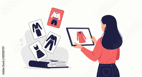 Stylish woman browses curated fashion looks on tablet, exploring virtual wardrobe inspiration for online shopping, creative style choices and seasonal outfits