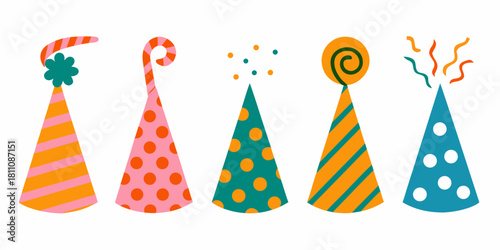 Colorful party hats with stripes dots and confetti on white background