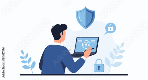 Secure Digital Transformation: Businessman manages cybersecurity with laptop, shield, and padlock icons, emphasizing data protection and privacy compliance