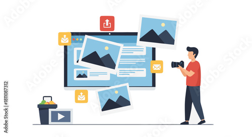 Photographer sharing mountain landscapes online, uploading pictures, connecting through email in modern digital workflow, creative professional lifestyle