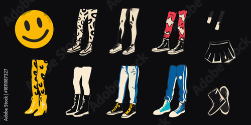 Illustrative fashion collection legs shoes skirt and smiley face on black