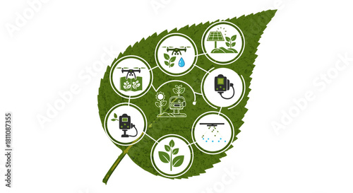 Sustainable farming methods with modern technology for efficient crop management, featuring drones, solar panels, and automated irrigation systems on a leaf
