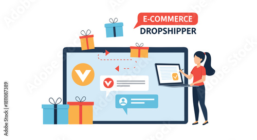 E-commerce success with dropshipping woman using laptop and digital marketing, perfect for online business and modern sales strategies, originally vector art
