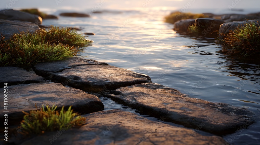 Obraz premium A serene wet pathway of natural stones and green grass bordered by shimmering water reflecting the warm golden light of sunset or sunrise