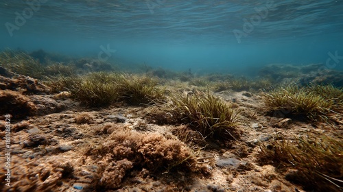 A serene underwater view of a rocky seabed covered with vibrant seaweed and coral formations under clear blue water