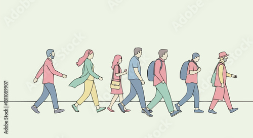 Diverse group of people walking together in a line.