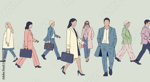 Diverse Group of People Walking in Business Attire Illustration.