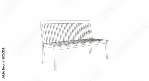 Detailed Line Art of a Wooden Bench with Backrest.