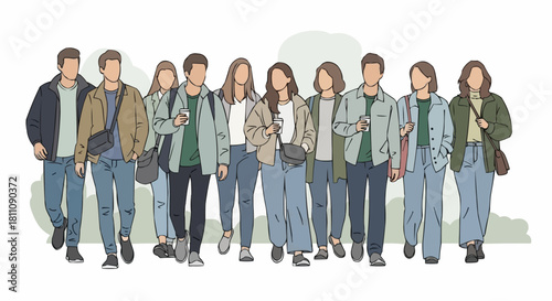A Diverse Group of Young Adults Walking Together in Casual Attire.