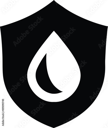 Black Silhouette Shield with Water Drop Icon – Waterproof and Water Resistant Symbol