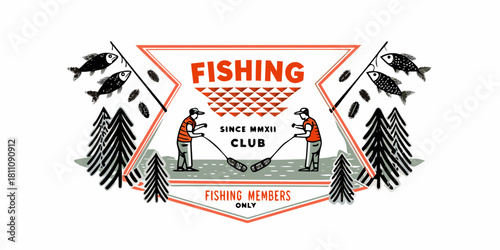 Vintage style fishing club logo with anglers and fish illustration