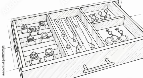 Organized Jewelry Drawer with Multiple Compartments for Rings Necklaces and Earrings.