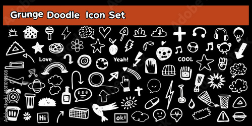 Hand drawn doodle icon set with grunge texture on black background