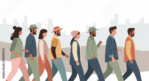 Diverse Group of People Walking Together in a Line.