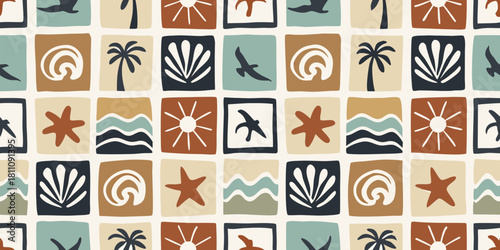 Boho style summer beach pattern with birds palm trees seashells waves and sun