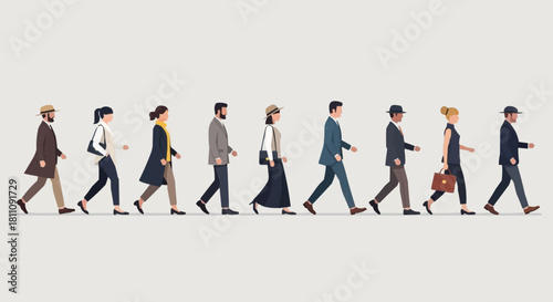 Diverse group of people walking in a line, showcasing various styles.