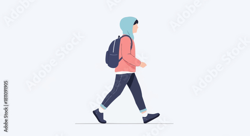 Person walking with backpack and hood, focused on movement and style.