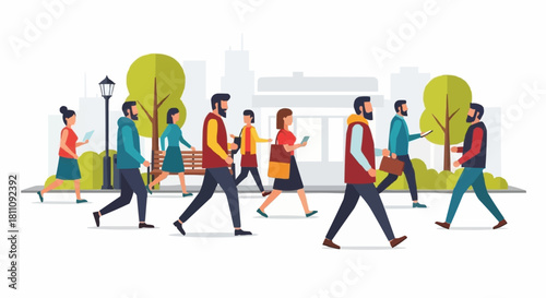 Diverse group of people walking in a park setting.