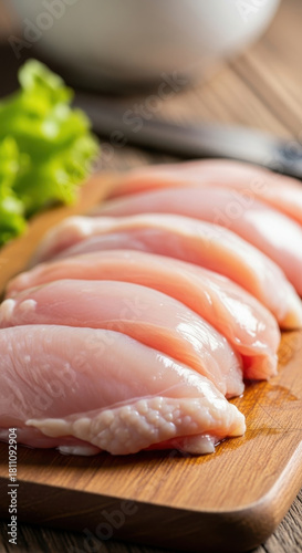 Raw chicken breasts on cutting board with greenery overhead perspective for food visuals