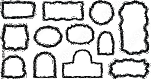 Wavy edge shapes frame box vector illustration isolated on white. Squiggle curve doodle rectangle and oval sketch.